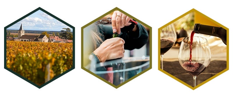 Drie hexagons met een wijngaard, iemand die een fles opent en een glas rode wijn dat ingeschonken wordt