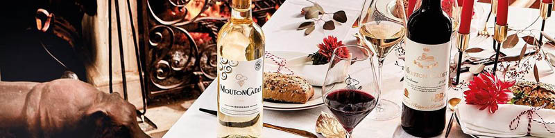 Tafel met eten en flessen Mouton Cadet