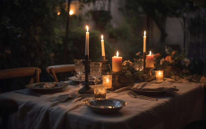 Tafel met eten, wijn en kaarsjes